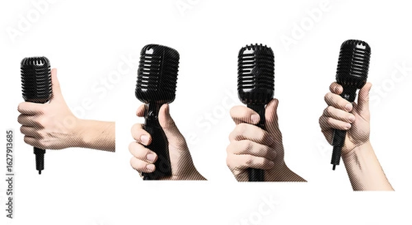 Fototapeta A collection of hands holding a retro microphone against a white background. Set for broadcasting, interviews, or podcasting concepts. illustrations isolated on a transparent background.