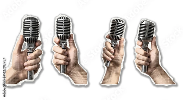 Fototapeta A collection of cutout style hands holding vintage silver microphones for broadcasting, singing, or podcasting concepts. illustrations isolated on a transparent background.