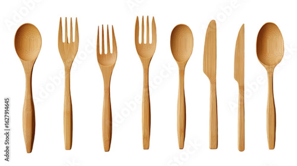 Fototapeta Set of eight bamboo utensils including spoons, forks, and knife in natural wood finish on transparent background