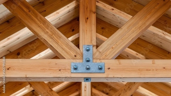 Fototapeta Close-up of natural wooden beams joined by metal plates and bolts forming a sturdy roof framework with visible craftsmanship and structural support