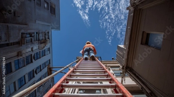 Fototapeta View from below of a tall ladder against multi-story buildings with a person climbing toward a clear sky with scattered clouds