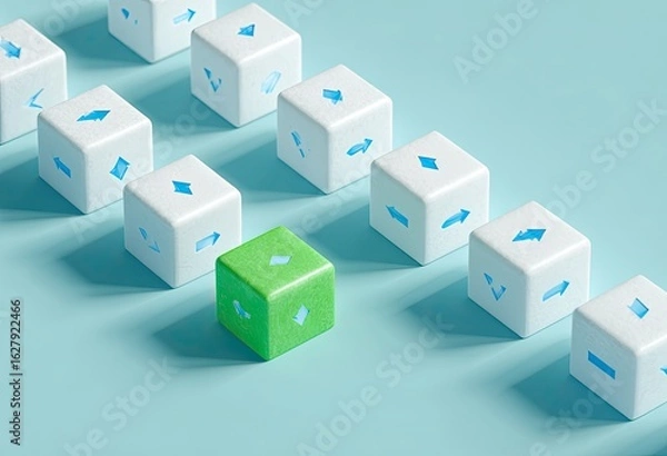 Obraz A single, lime-green cube, with an arrow, stands out among a line of white cubes, each with directional arrows