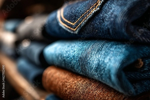 Fototapeta Denim fabric stacked neatly on a shelf showcasing various shades and textures of jeans during late afternoon light indoors