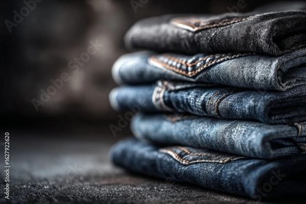 Fototapeta Different shades of denim stacked neatly in a layered arrangement showcasing various styles and textures