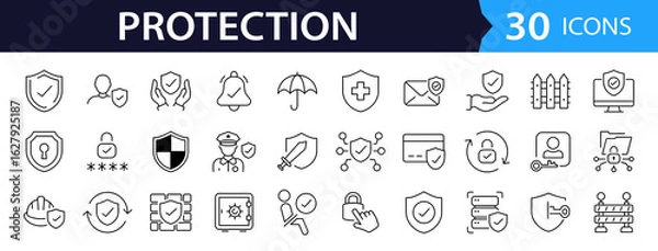 Fototapeta Protection Web Icon Set in Line Style. Collection of Security Linear Icons, Including defense, safe, safety and security, alarm, encryption, cybersecurity, locked, shield, guard, lock. Editable Stroke