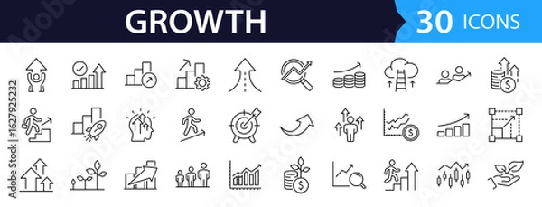 Fototapeta Growth Web Icon Set in Line Style. Collection of Upskill Linear Icons, Including professional, personal, financial growth, progress, career,  arrows up, goal, development and more. Editable Stroke