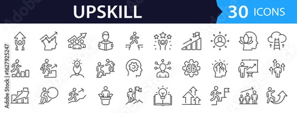Fototapeta Upskill Web Icon Set in Line Style. Collection of Personal growth Linear Icons, Including upskilling, development, education, career, reskill, progress, strategy, skill goal and more. Editable Stroke