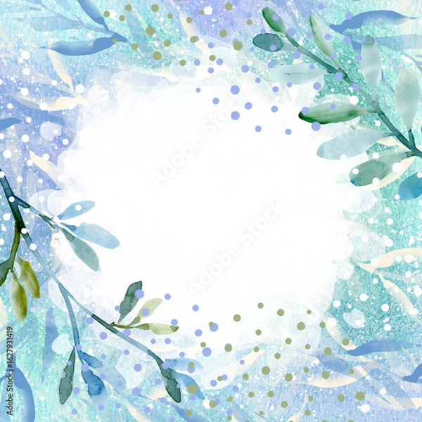 Fototapeta Watercolor botanical green, emerald background, with delicate branches and leaves. Botanical romantic elegant background, texture with leaves