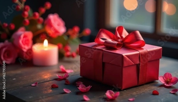 Fototapeta Elegant gift box with flickering candles & blooming flowers , bouquet, candles, celebration