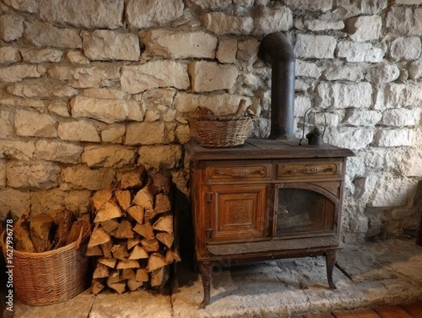 Fototapeta Aged wood-burning stove in stone-walled room.  Stacked firewood beside it