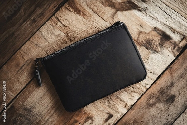 Fototapeta Black zippered pouch on rustic wooden surface, top view
