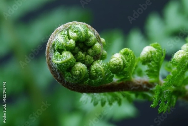 Fototapeta Close-up of a new fern frond unfurling in springtime, showcasing vibrant green details and delicate textures