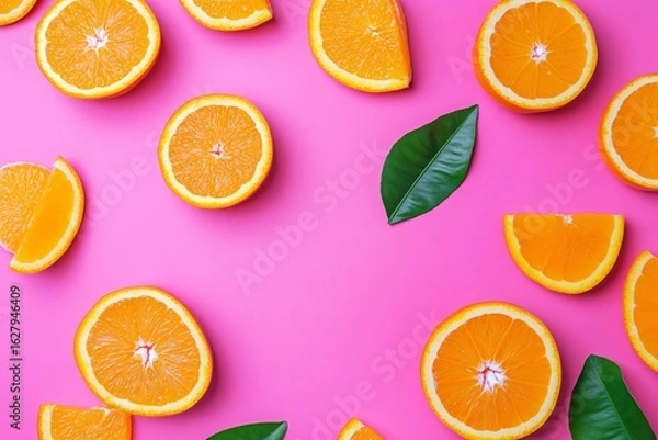 Obraz Orange Slices and Leaves on a Vibrant Pink Background
