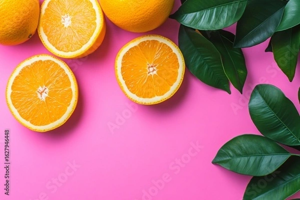 Fototapeta Sliced oranges and green leaves on a pink background