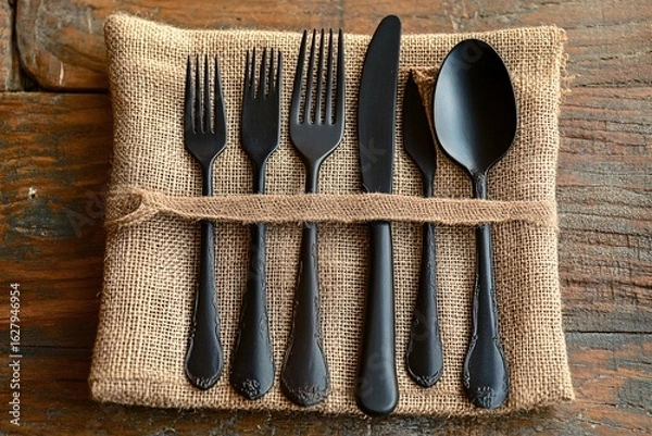 Fototapeta Black Cutlery Set on Burlap, Rustic Wooden Table Surface