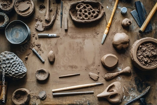 Fototapeta Pottery tools and clay objects on a wooden surface