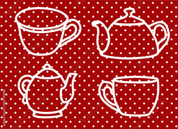 Fototapeta Kettles and mugs. The background is red, in white peas. This is a design work