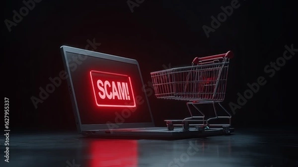 Fototapeta A digital scene featuring a laptop displaying a red 'SCAM!' sign next to a shopping cart, symbolizing online shopping risks.