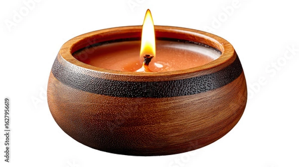 Fototapeta Candle's Cozy Glow: A warmly lit candle, set in a rustic wooden holder, gently flickers, casting a tranquil ambiance, perfect for relaxation and cozy atmosphere.