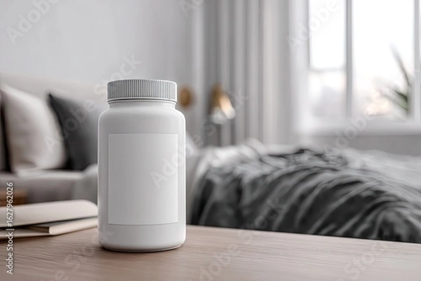 Fototapeta A white plastic bottle with blank label sits on a light brown wooden nightstand in a bedroom.  Blurred background shows a bed with gray bedding, pillows, and a window