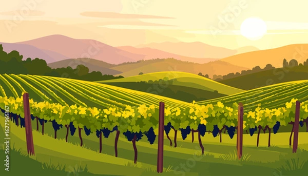 Obraz Scenic vineyard landscape illustration with rows of grapevines on rolling hills under a warm, golden sunset.