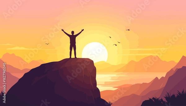 Obraz Victorious silhouette of a person on a mountain summit, arms raised in success at sunrise.