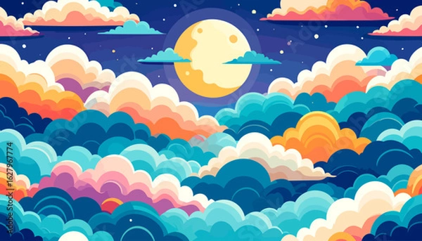 Fototapeta Dreamy Nightscape Illustration with a Full Moon and Colorful Stylized Clouds
