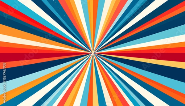 Fototapeta Vibrant retro sunburst pattern with radiating stripes in a 70s color palette of red, blue, and orange.