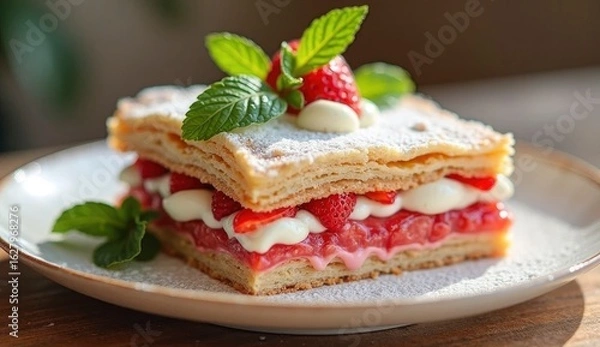 Obraz A beautifully crafted millefeuille features layers of crispy pastry filled with strawberries and cream. Garnished with fresh mint, this dessert is an enticing sweet treat perfect for any occasion