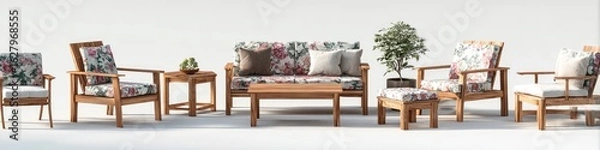 Fototapeta Outdoor teak wood furniture set with floral cushions