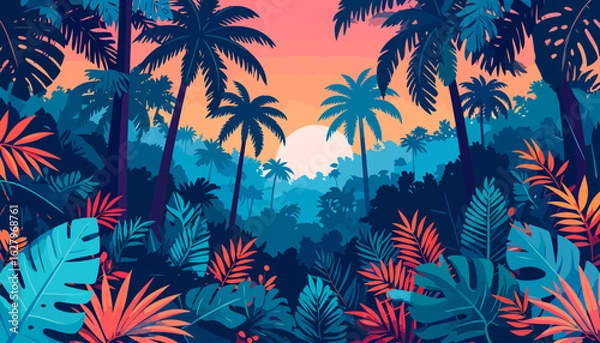 Fototapeta Vibrant tropical jungle illustration with palm trees and colorful foliage against a sunset sky.