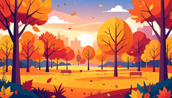 Fototapeta Graphic Illustration of a City Park in Autumn with Warm Tones and Falling Leaves.