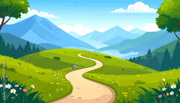 Obraz Winding dirt path through a vibrant green valley with distant blue mountains under a clear sky.