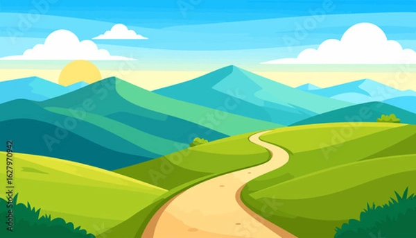 Fototapeta Stylized landscape with a winding path through green hills towards distant blue mountains under a sunny sky.