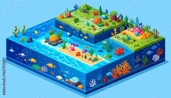 Obraz Vibrant isometric diorama of a water and land cross-section with colorful fish and coral reefs.