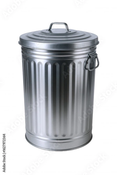 Fototapeta Classic Silver Metal Trash Can with Lid and Handles, Versatile for Home, Office, and Outdoor Use