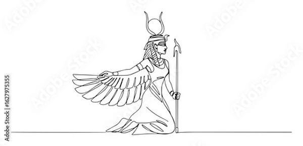 Fototapeta ancient egyptian goddess with wings vector outline monoline