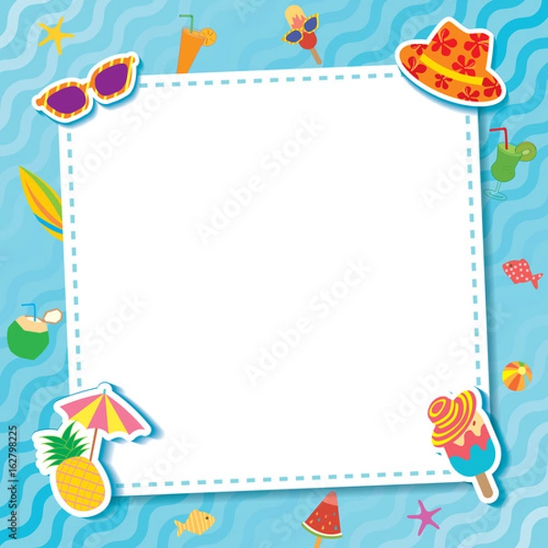Fototapeta Blue wave pattern frame with summer symbol .