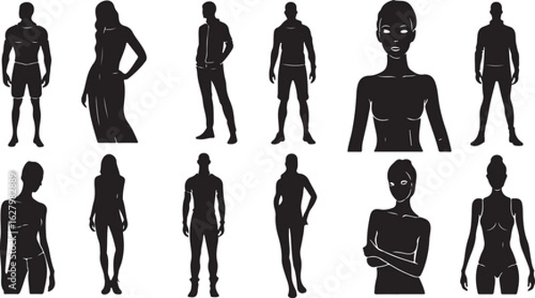 Fototapeta Silhouette Collection Diverse Array of Figures Featuring Men and Women in Various Poses and Attire Standing Against a White Background