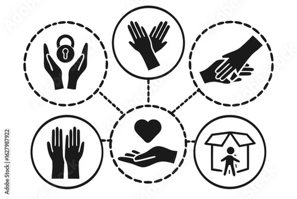 Obraz Set of icons representing care, support, and community help