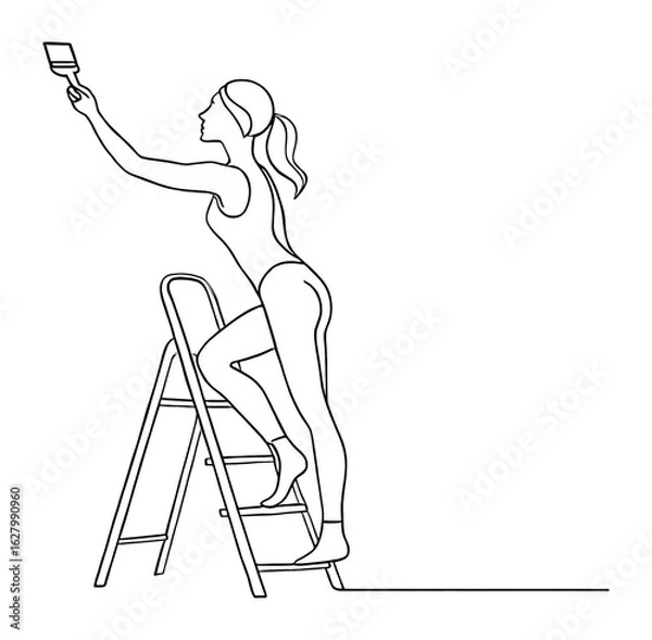 Fototapeta Line drawing of a woman on a ladder painting with a brush on transparent background.
