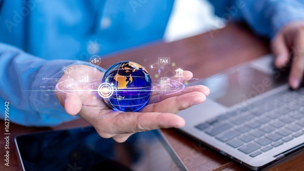 Fototapeta Global trade and tax policy concept focusing on tariffs, tax rhetoric, and competitive international business strategies with digital finance and worldwide market influence.