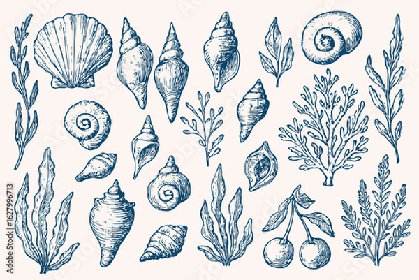 Obraz Vintage sea shell and seaweed collection in hand-drawn sketch style, ocean marine botanical elements, antique underwater coral reef illustration, nautical nature vector set on light background

