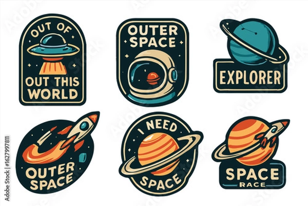 Obraz Vintage outer space badges set with planets, UFO, astronaut, rocket, galaxy, space explorer badges, science fiction illustration, cosmic patch design, colorful space-themed emblem bundle