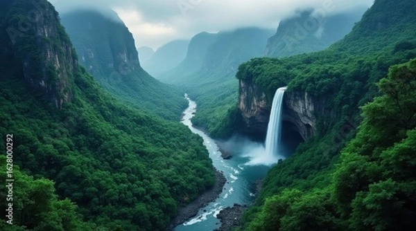 Obraz Majestic waterfall cascading through lush green mountain valley