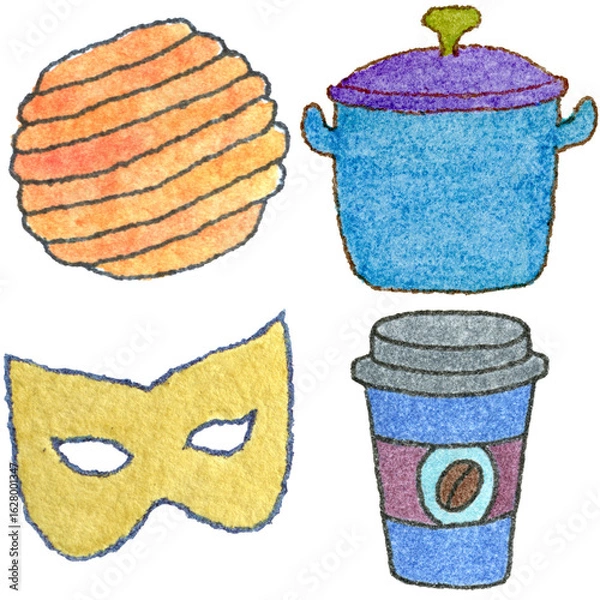 Fototapeta a drawing of a variety of items including a mask and a cup of coffee and and a mask