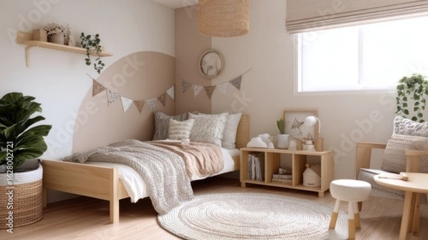 Fototapeta japandi eclectic kids bedroom, low wood bed, flag garland, neutral textiles, round carpet, warm soft light, pastel wall accents