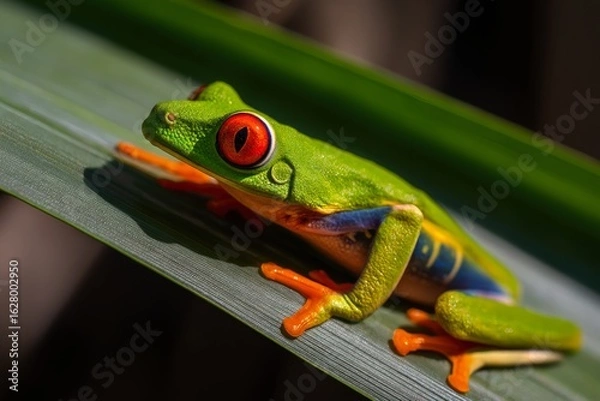 Fototapeta Close-up of a vibrant red-eyed tree frog on a leaf.
