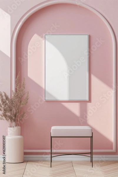 Obraz Blank poster frame mockup in pink interior with stylish chair and pendant lamp