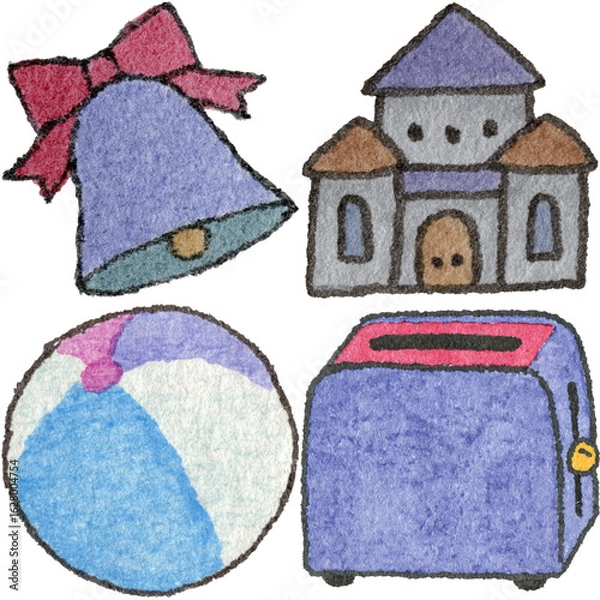 Obraz a drawing of a castle and a beach ball and and a bell